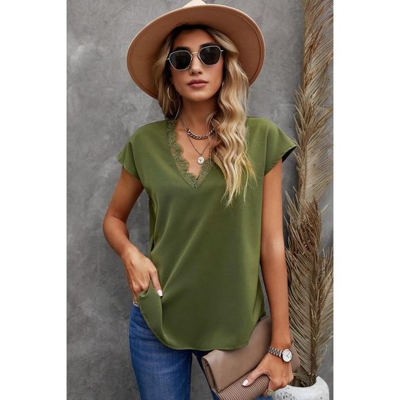 Azura Exchange  Green V Neck Lace Trim T-shirt - Picture 6 of 15
